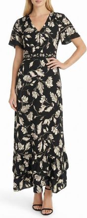 Maggy London Flutter Sleeve Tiered Ruffle Maxi Dress in Black/Ivory at Nordstrom Rack, Size 10