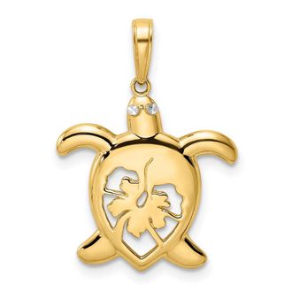 Diamond2Deal 14k Yellow Gold White Rhodium Diamond-cut Floral Turtle Pendant