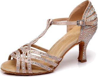Minitoo Latin Ballroom Shoes for Women Rhinestones Beaded Wedding Formal Party Sandals L404 Nude 7.5cm Heel UK 8.5