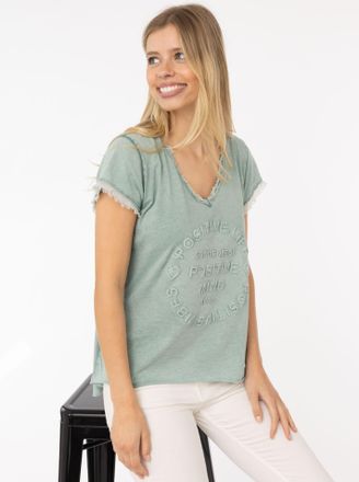 Zwillingsherz T-Shirt ZWILLINGSHERZ Positive Mind, Damen, Gr. L/XL (L/XL), gr&uuml;n (salbei), Stoff, Obermaterial: 100% Baumwolle, h&uuml;ftbedeckend, V-Ausschnitt, Shirts T