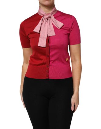 Dolce & Gabbana Womens Pink Short Sleeves Buttoned Ascot Collar Top Silk
