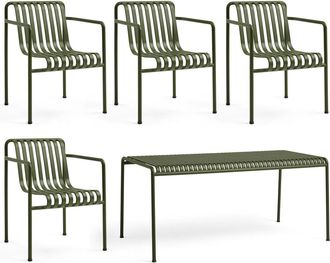 HAY Palissade Tisch + 4x Dining Armchair, olive