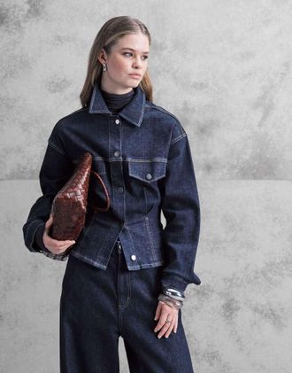 Mango Flor - Giacca di jeans stretta in vita blu indaco in 100% cotone in coordinato