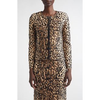 St. John Leopard Jacquard Knit Jacket in Camel Leopard Multi at Nordstrom, Size Large
