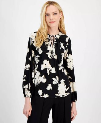 Anne Klein Tie-Front Split-Neck Blouse In Black Multi