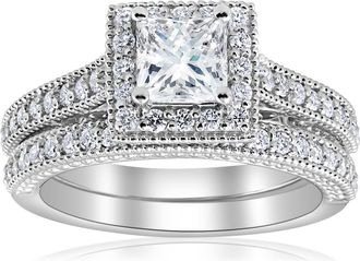 Pompeii3 1 1/2ct Princess Cut Halo Vintage Diamond Engagement Ring 14k White Gold