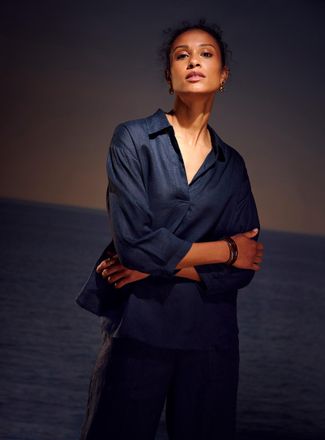 Contemporaine Womens Johnny collar pure linen shirt