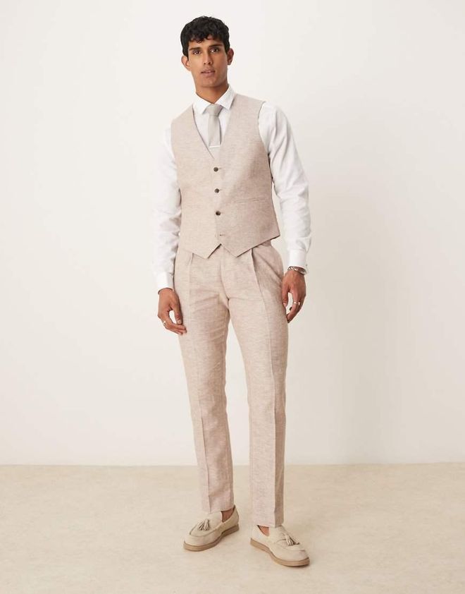 Asos Pantaloni da abito slim fit marroni in misto cotone e lino