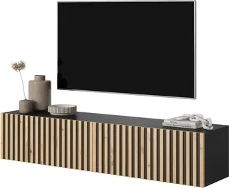 Selsey Selsey - Telire - Mueble De Tv Colgante - Negro Con Frente De Listones De Roble Artisan - 140 Cm