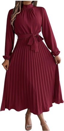 Generic Women Long Sleeve Dress Dressy High Neck Pleated Dresses with Belt Spring Fall Casual Flowy A Line Midi Dress Wine