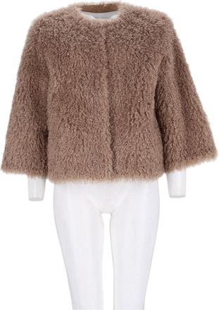 Leon & LouLou Paris Beige Cropped Plush Round-Neck Faux Fur Bomber Jacket