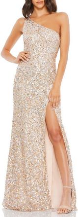 Mac Duggal Sequin One Shoulder Gown w/ Embellishments in Nude at Nordstrom, Size 14