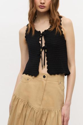 Ganni Black Textured Lace Knit Top - Size XXS Organic Cotton