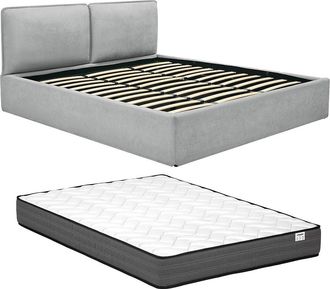Vente-Unique Cama con caj&oacute;n con funda extra&iacute;ble 180 x 200 cm - Tela - Gris claro + Colch&oacute;n - TENESE