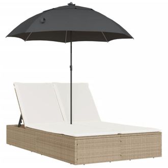 vidaXL Lettino Prendisole Doppio Cuscini e Parasole Beige Polyrattan - Vidaxl