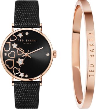 Ted Baker Phylipa Leather Strap Watch & Bangle Bracelet Set, 34mm in Rose Gold/Black/Black at Nordstrom