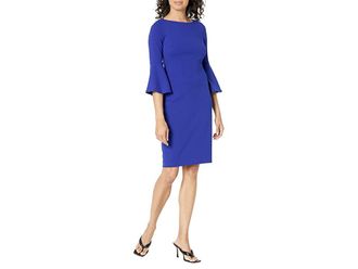Calvin Klein Scuba Crepe Sheath with Bell Sleeves Womens Dress Ultramarine : 8, Polyester/Spandex