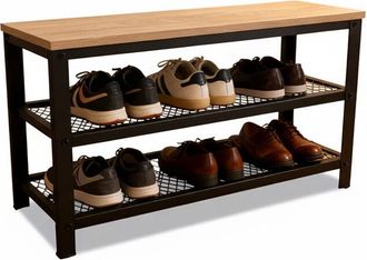Relaxdays Relaxdays shoe bench, for 6 pairs, HxWxD 45 x 73 x 30 cm, 2 wire shelves, wood-effect seat, light brown/black