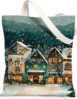 Generic Winter Houses Canvas Tote Bags, Decorative Snow Scene Reusable Grocery Bags, Holiday Rustic Lightweight Washable Canvas for, Blue, 13x15 Inch
