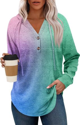 Generic Hoodies for Women Ladies Jumpers Long Sleeve Sweatshirt Drawstring Button V Neck Casual Pullover Tops Womens Hooded Tops Plain Ladies Hoodie Spring Au