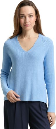 Tom Tailor Strickpullover TOM TAILOR, Damen, Gr. XXL, light fjord blau, Strick, Obermaterial: 100% Baumwolle, unifarben, regular fit normal, V-Ausschnitt, Rippb&uuml;