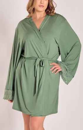 iCollection Lace-Trimmed Modal Robe with Adjustable Ties in Green at Nordstrom, Size 2X