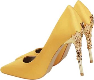 Generic Women Spring Sequin High Heel Pumps Pointed Toe Metal Detail Wedding Dress Shoes Yellow