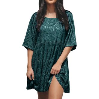 Generic Women Short Sleeve Sparkle Sequin Mini Dresses Loose Casual Sparkly Tunic T Shirt Dress Tiered Club Disco Dance Mini Dresses Green