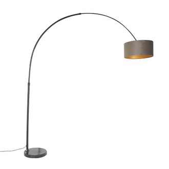 QAZQA Qazqa Moderno L&aacute;mpara De Arco Con Pantalla De Terciopelo Negro Topo Con Dorado 50 Cm - Xxl Acero /m&aacute;rmol /textil Alargada /cil&iacute;ndra /redonda Adecuado 