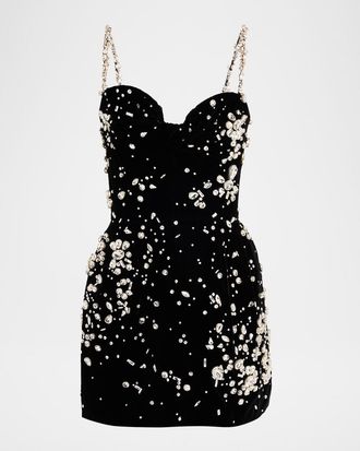 Oscar De La Renta Jewel Velvet Bustier Mini Cocktail Dress