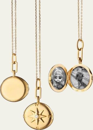 Monica Rich Kosann Gold Round Compass Locket w/ Center White Diamond On A 17 Diamond Cut Disappearing Chain w/ Loop At 16