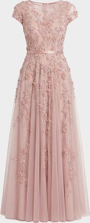 Mac Duggal Petite Floral Applique Cap-Sleeve A-Line Gown