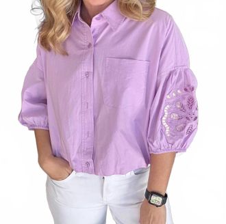 Merci Cut Out Embroidered Bubble Sleeve Top In Lilac