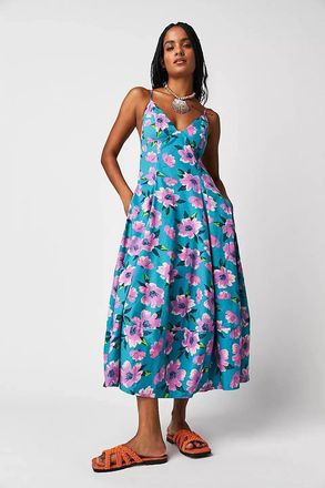 Free People Finer Things Midi A-Line Dress Womens L Teal Floral Pleated GBO856