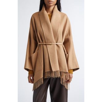 Max Mara Abilita Fringed Camel Hair Belted Cape Jacket at Nordstrom, Size 12