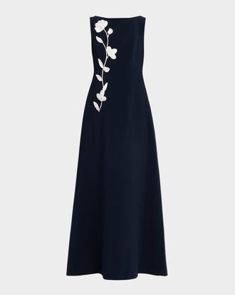 Sachin & Babi Bateau-Neck Floral Applique Gown