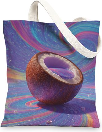 Generic Abstract Coconut Canvas Tote Bag, Artistic Reusable Grocery Bags, Lightweight Colorful Shoulder Strap Bags, Colorful, 13x15 Inch