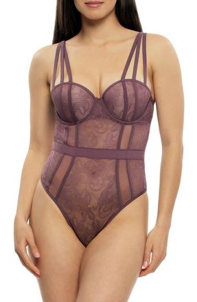 Felina Anika Strappy Underwire Lace & Mesh Teddy in Plum Wine at Nordstrom, Size X-Large