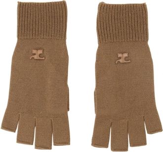 Courr&egrave;ges Beige Wol Unisex Logo Wanten - unisex - Handschoenen - Bruin - M - Wol - Accessoires