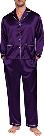 Generic Christmas Matching Family Pyjamas Long Sleeve Silk Satin Pjs Set Loose Fit Cosy Xmas Sleepwear Button Down Shirt and Pajamas Trousers Purple