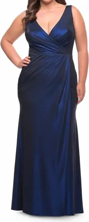 La Femme Metallic Jersey Gown - Plus In Navy