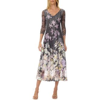 Komarov Floral Border Charmuese Dress with Lace Sleeves in Orchid Border at Nordstrom, Size X-Large