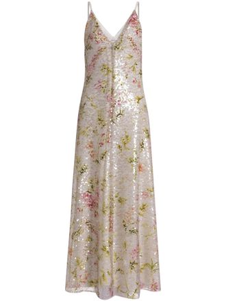 Alberta Ferretti Floral Sequined Maxi Dress with Spaghetti Straps