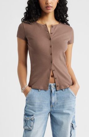 BP. Short Sleeve Rib Knit Cardigan in Brown Quartz at Nordstrom, Size Xx-Small