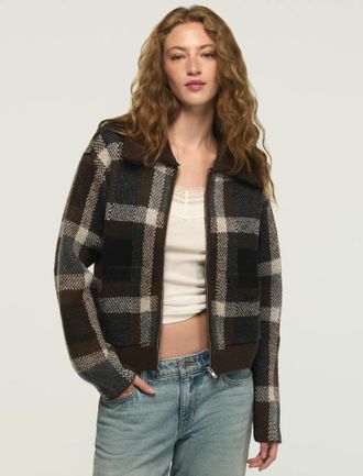 Lucky Brand Womens Plaid Bomber Sweater