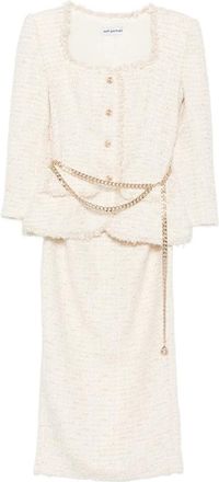 Self Portrait Cream Boucle Tailored Chain Midi Dress