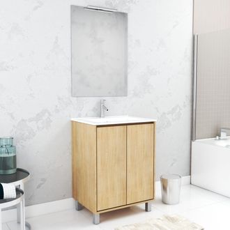 Aurlane Aurlane - Pack Mueble De Ba&ntilde;o 60 Cm Roble Claro 2 Puertas, Lavabo, Espejo 60x80 Y Aplique Led