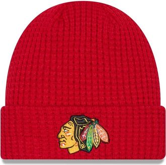 New Era NHL Unisex-Adult Primary Logo Waffle Knit Cold Weather Cuffed Beanie Hat, Chicago Blackhawks - Red, One size