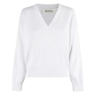 R&oacute;he V-neck Knitwear, female, White, Size: L White Cotton Knit V-Neck Jumper