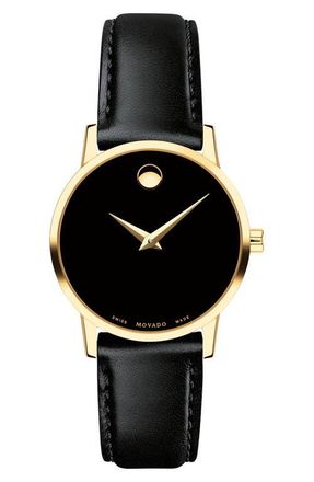 Movado Leather Strap Watch, 28mm in Black/Gold at Nordstrom